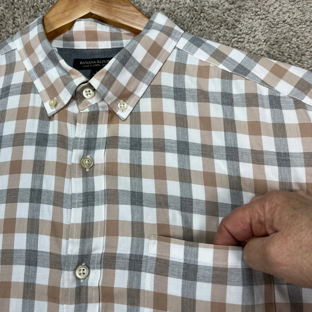Banana Republic Button Down Shirt Men Large Tan Gray Gingham‎ Flannel Slim Fit